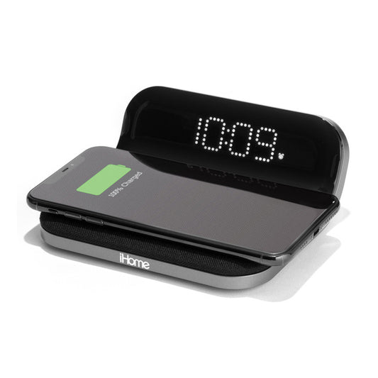 Compact Alarm Clock with Qi Wireless and USB Charging Grey